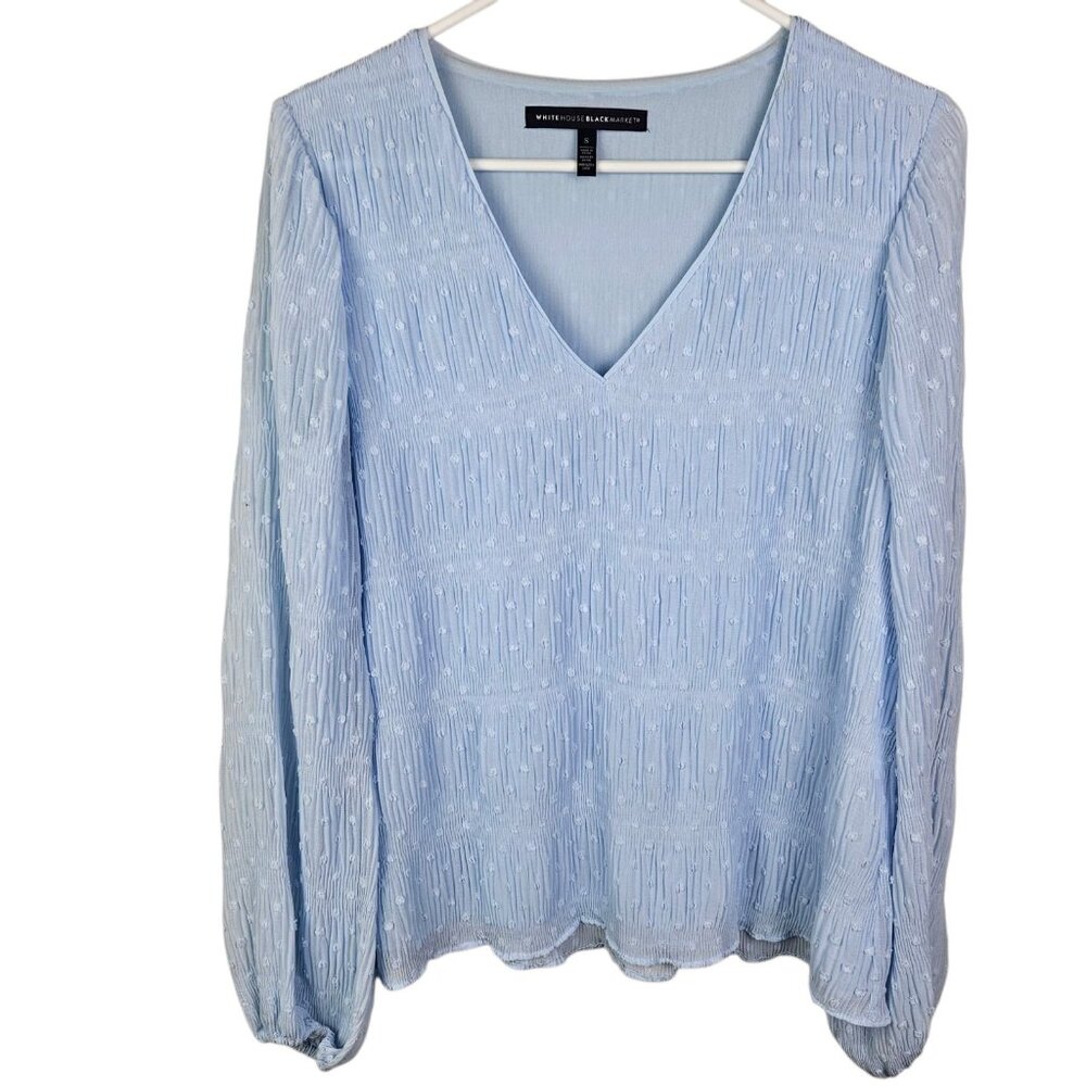 White House Black Market Blouse Blue Textured Polka Dot Pullover‎ Size Small